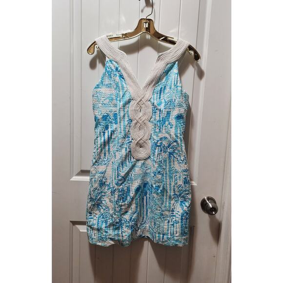 Lilly Pulitzer White Aqua Blue Cord Embelished Cotton Dress Lined Sz 4 MSRP $208 - Picture 5 of 12